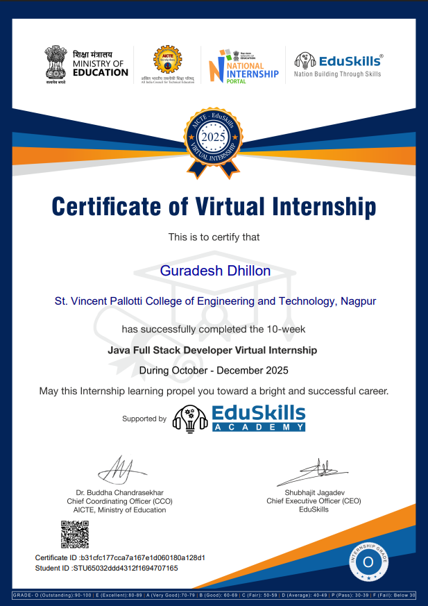 Java Full Stack Developer Virtual Internship Certificate